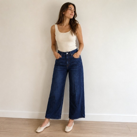 Quince Denim - Quince Womens Bella Stretch Wide Leg Jeans 28 Midnight Blue High Rise Minimalist